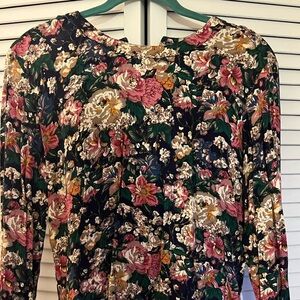 Talbots Floral Long Sleeve Top - Pink, Green, Gold on Black